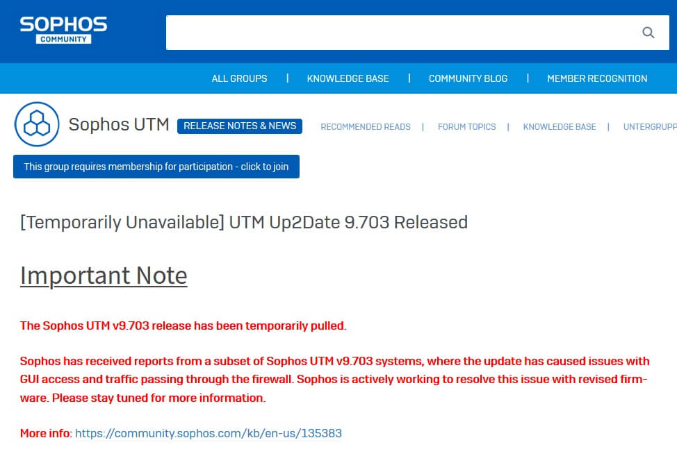 Sophos Screenshot UTM v9.703 Release pulled
